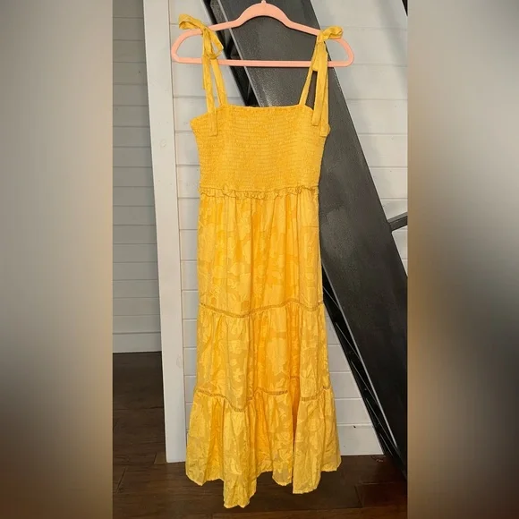 Lulu’s Love Yellow Jacquard Smocked Tie-Strap Midi Dress - Picture 3 of 6